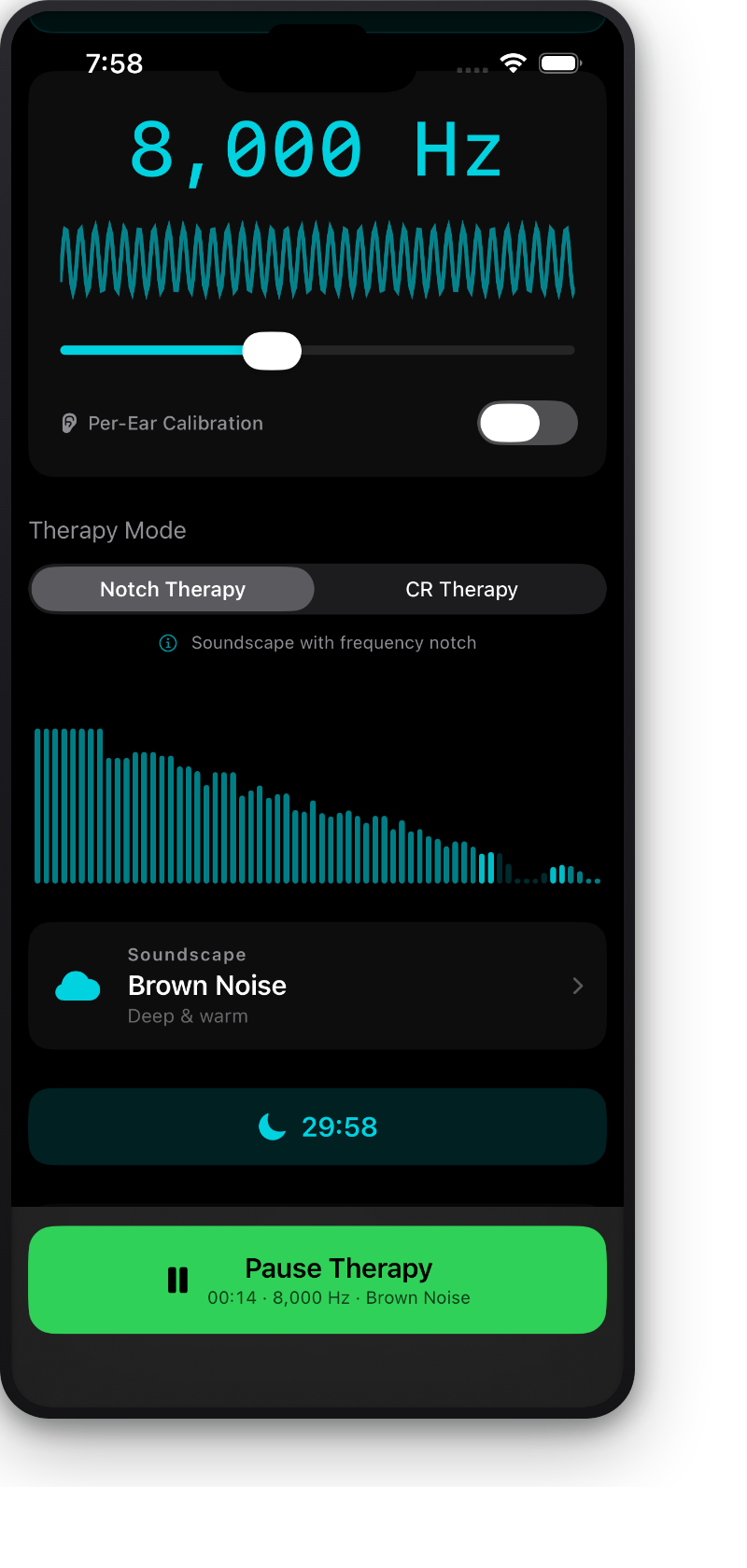 Dashboard with therapy playing and Brown Noise selected