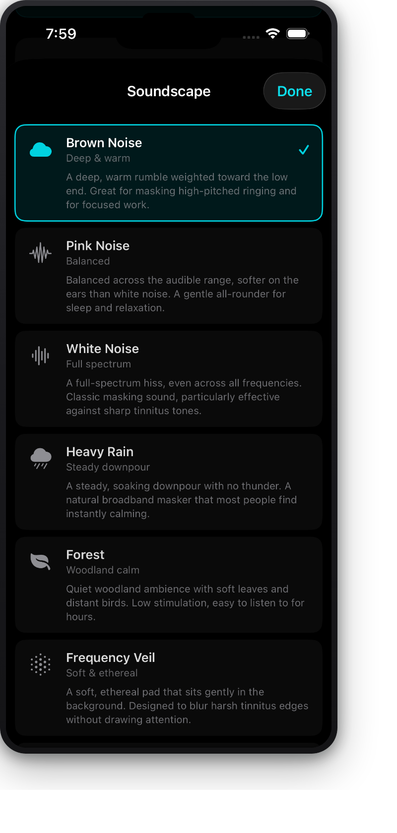 Soundscape picker showing the full list