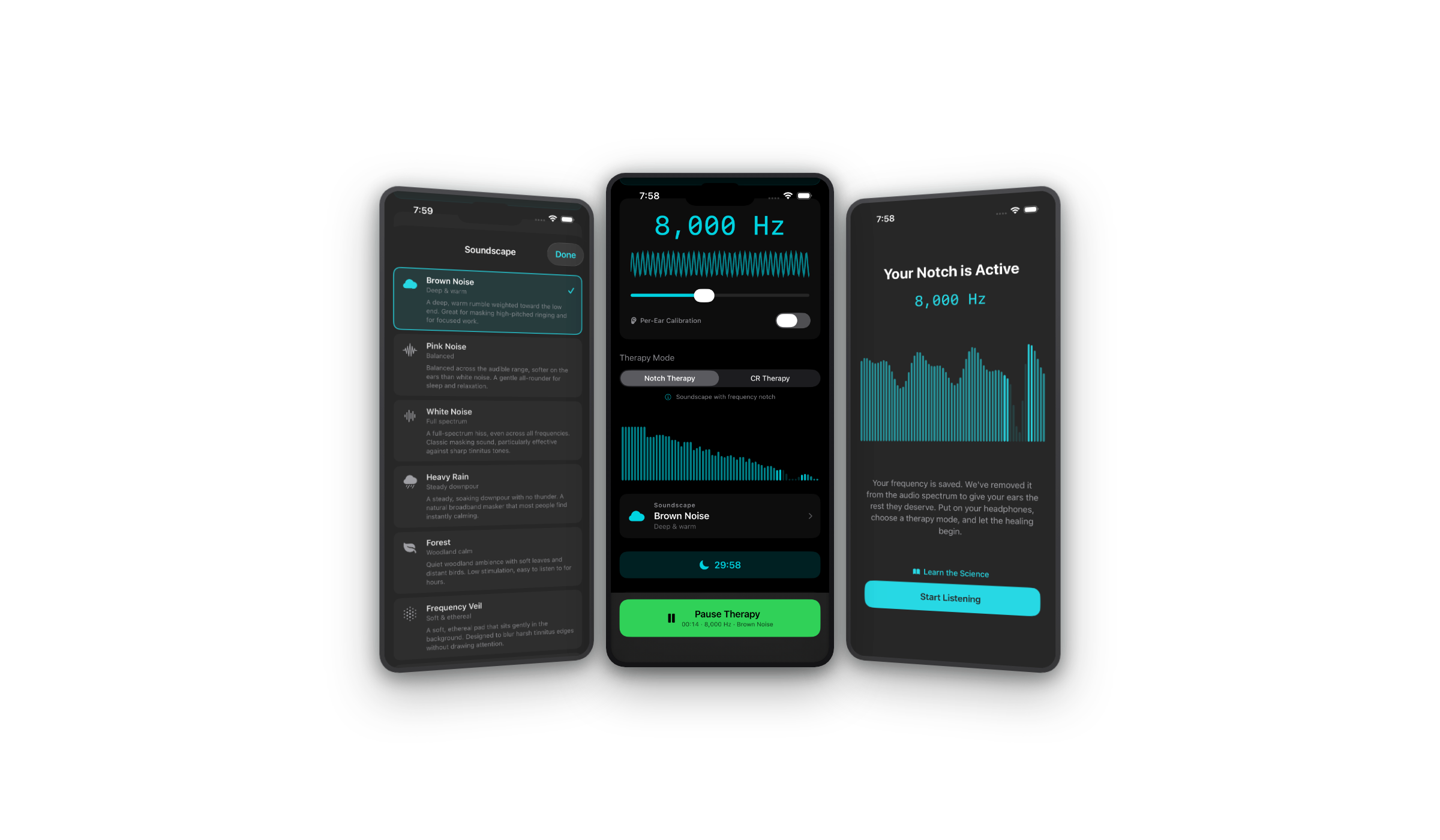 Hzera app showing the therapy dashboard, soundscape picker, and spectrum analyzer on three iPhones