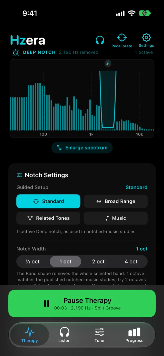 Hzera therapy with the live spectrum showing the tinnitus pitch removed from a soundscape